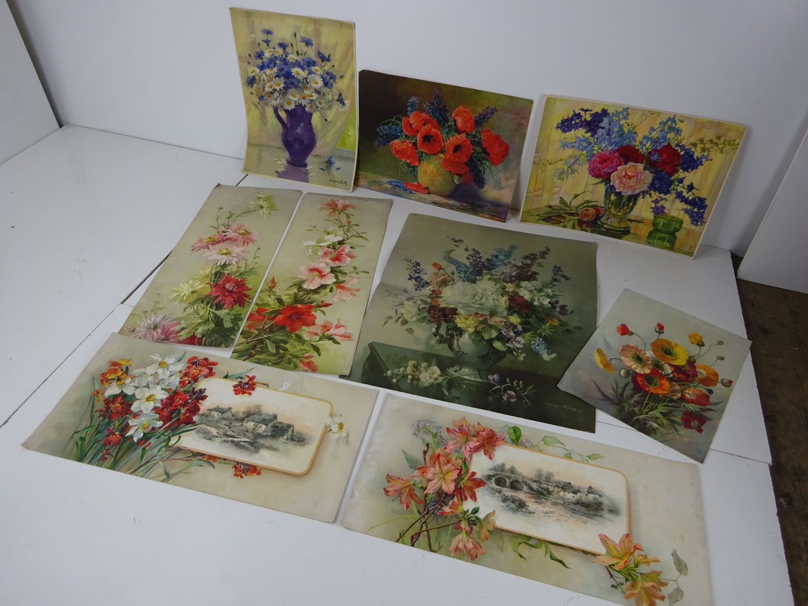 Lot Of 9 Early 20th C Floral Litho Prints (Unframed)