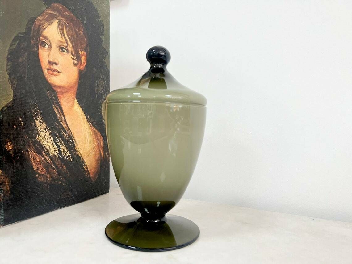 Vintage Empoli Glass Apothecary Jar, Blue Italian Art Glass, Vintage Blown Glass, Empoli Glass Candy Dish Olive Green