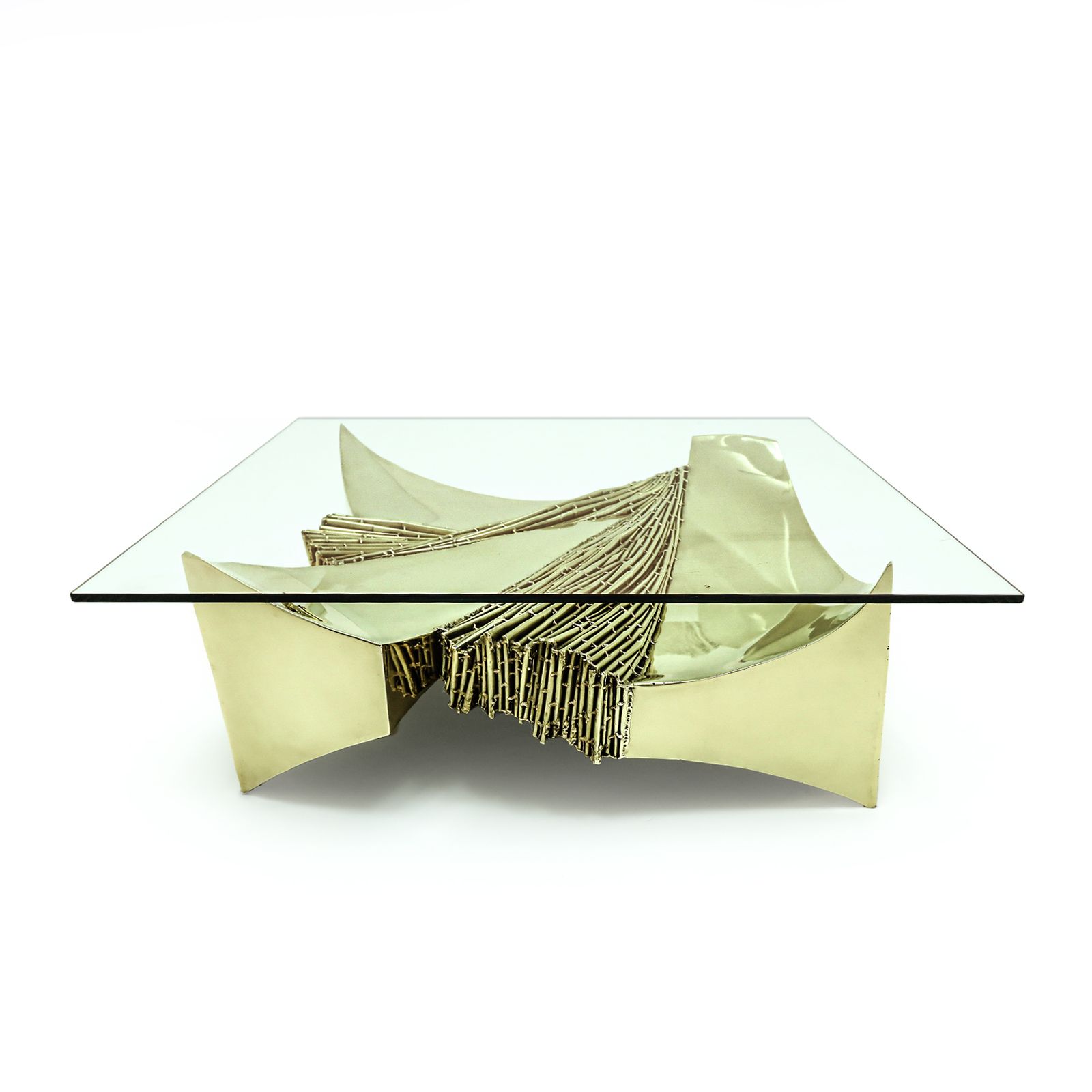 Vintage Brutalist Polished Brass Coffee Table With Glass Top By French Sculptor Santa (Claude Santarelli), 1970s photo furniture
