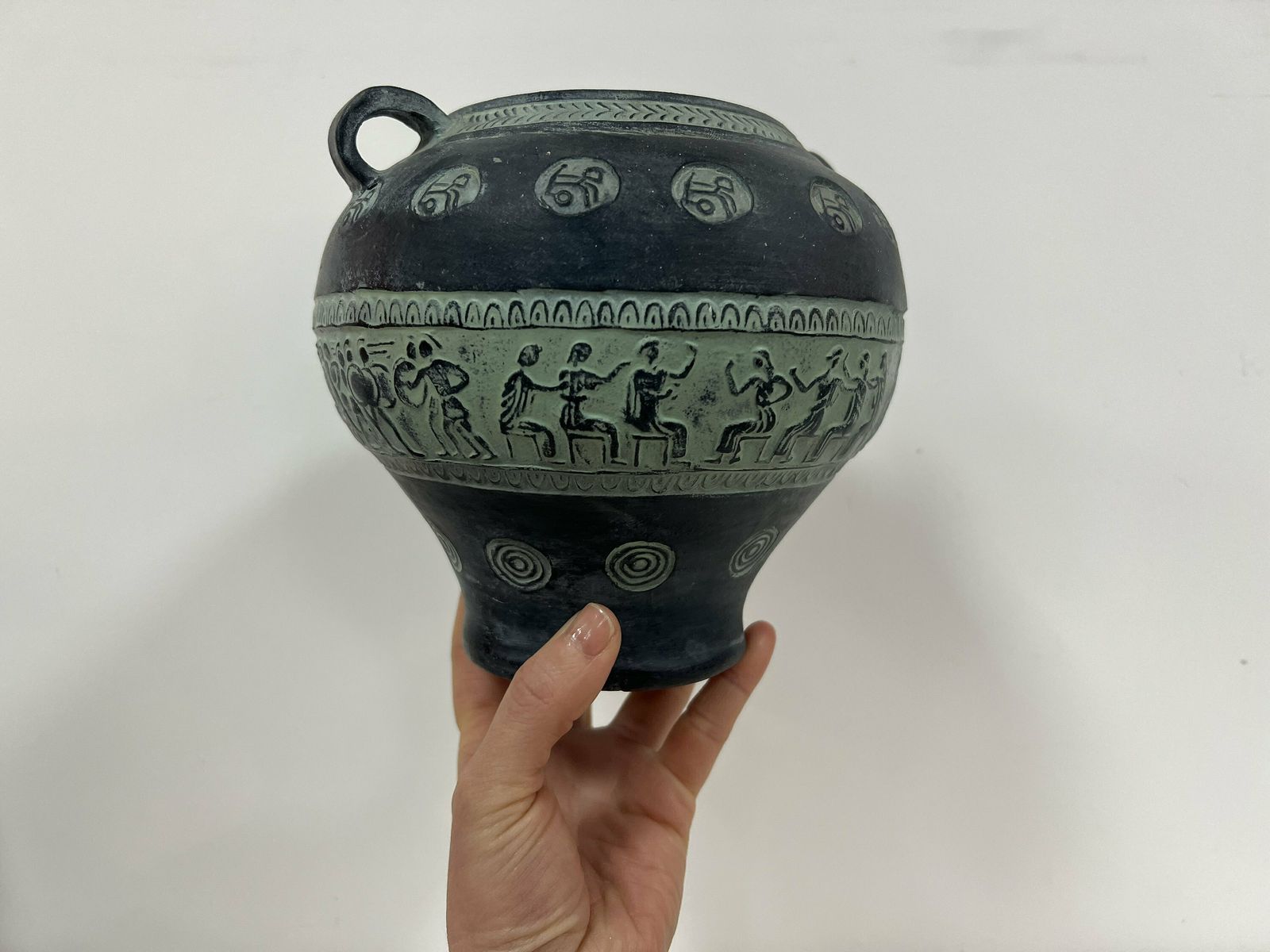 Vintage Terracotta Greek Pithari Antique Pottery Ancient Style, Mythology Scenses Vase photo vinterior