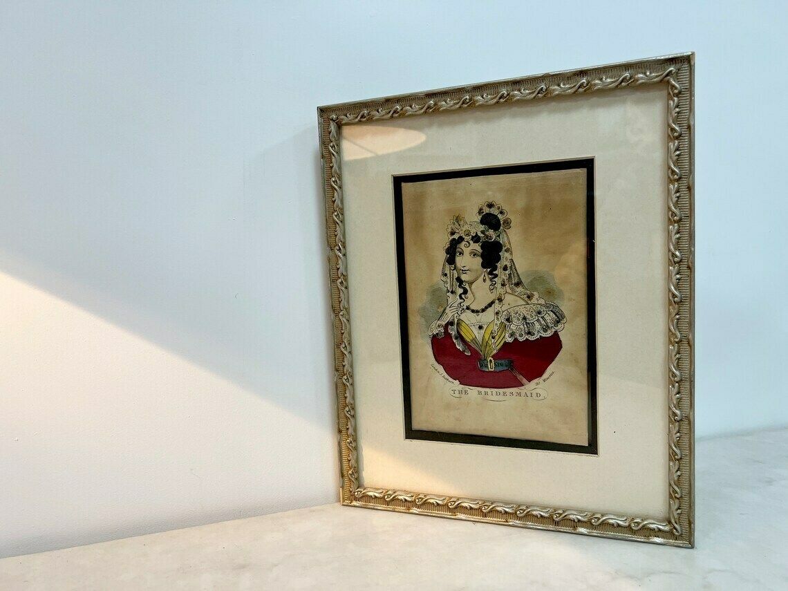 Antique 19th Century British Tinsel Print Engraving, The Bridesmaid, John Fairburn Minories London 1840, Antique Female Portrait photo furniture