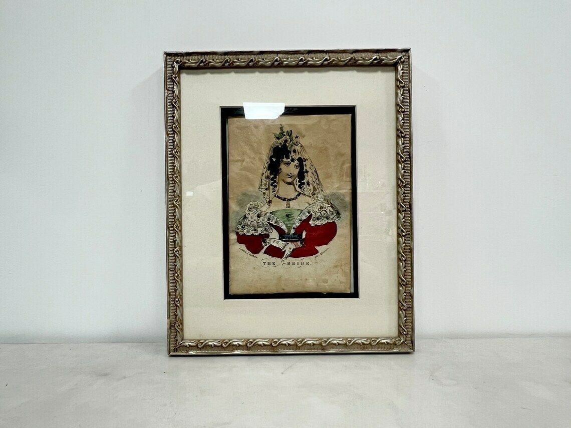 Antique 19th Century British Tinsel Print Engraving, The Bride, John Fairburn Minories London 1840, Antique Female Portrait