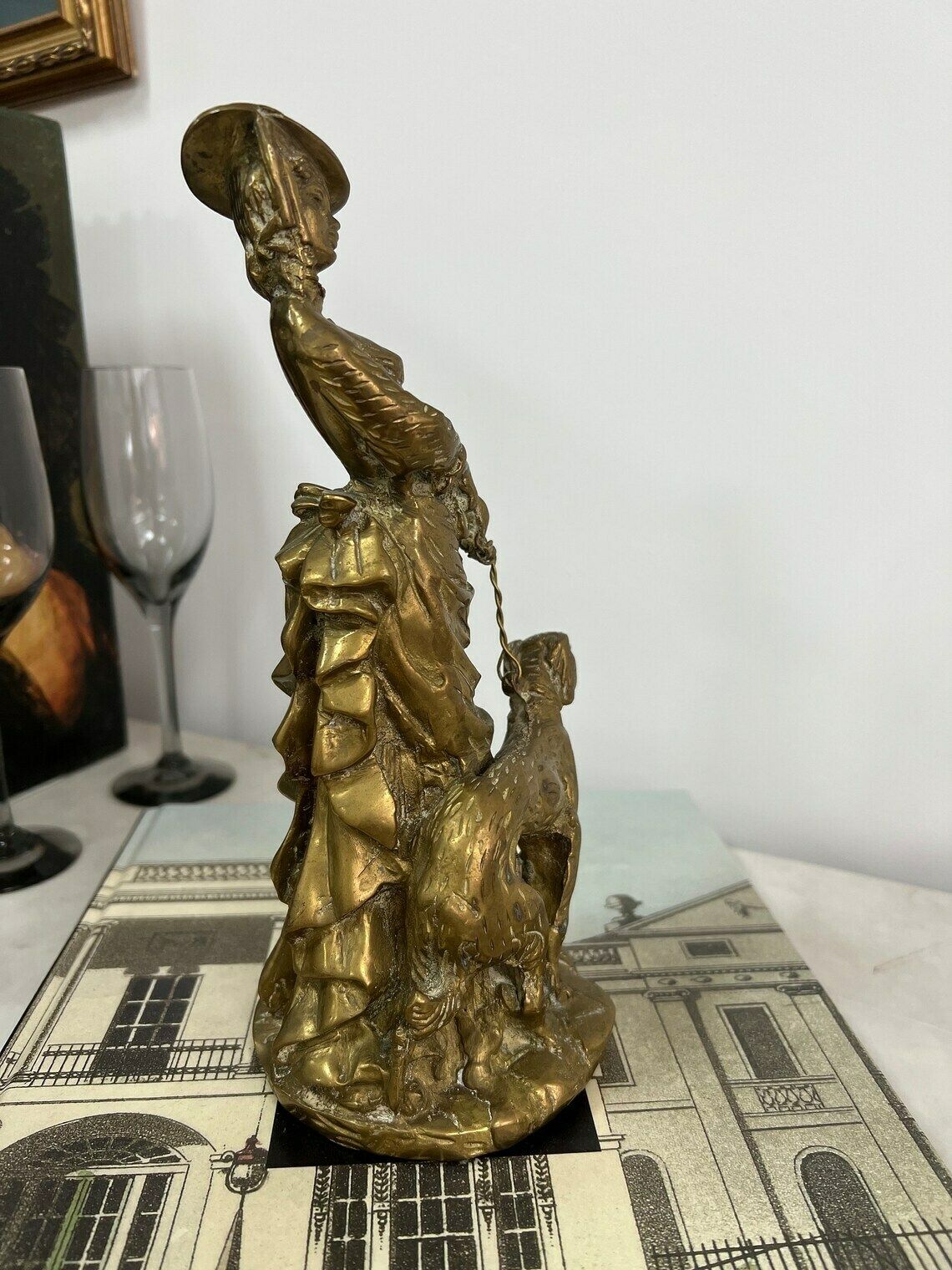 Antique Brass English Lady Statue With A Dog Animal, Lady And Dog Statue photo buy