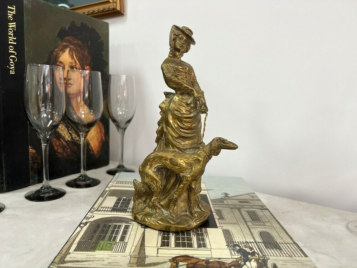 photo for sale Antique Brass English Lady Statue With A Dog Animal, Lady And Dog Statue