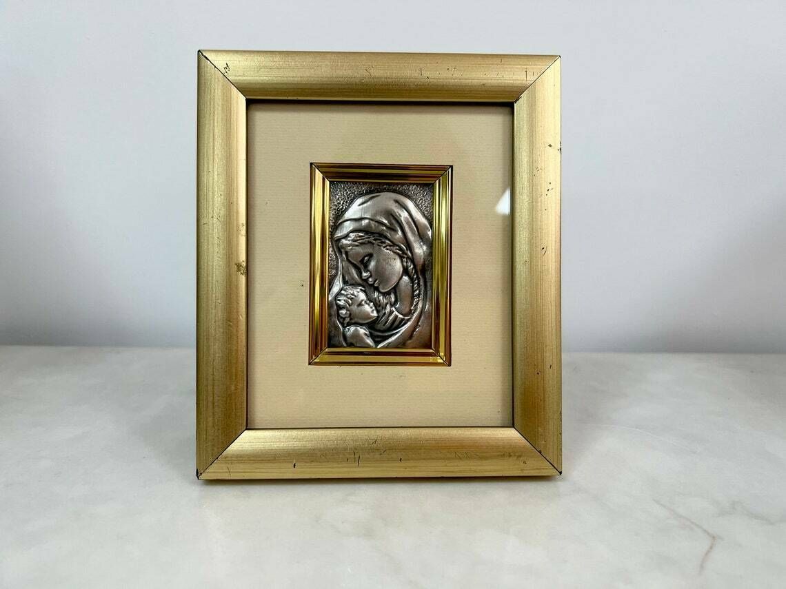 Vintage Framed Silver Madonna And Child Ba Relief, Gold Original Frame, Silver 925