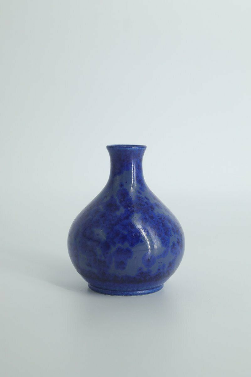 Small Mid Century Scandinavian Modern Collectible Sapphire Stoneware Vase No. 14 11 2000 By Gunnar Borg For Höganäs Ceramics, 1960s