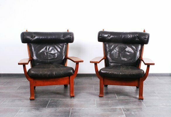 Leather And Oak Ox Shape Armchairs 1950s Set Of 2