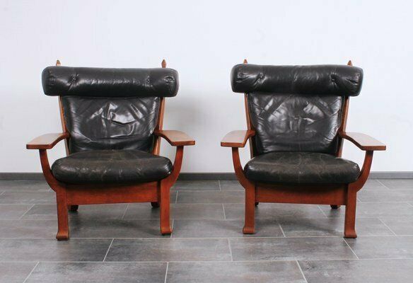 photo buy Leather And Oak Ox Shape Armchairs 1950s Set Of 2