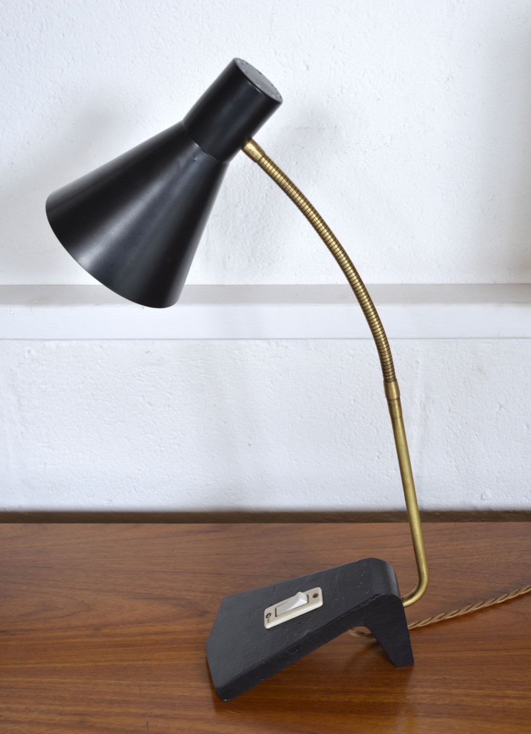 1950s Scandinavian Swan Neck Gooseneck Task Desk Lamp Black & Brass Midcentury Swedish Ewa Style
