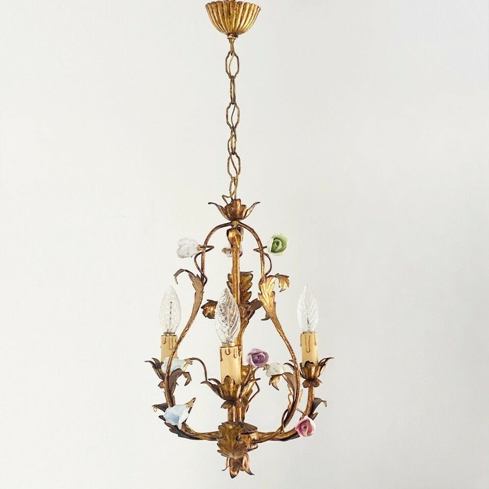 Vintage Italian Roses Porcelain Chandelier Gold Gilded Baroque Rococco 1950s