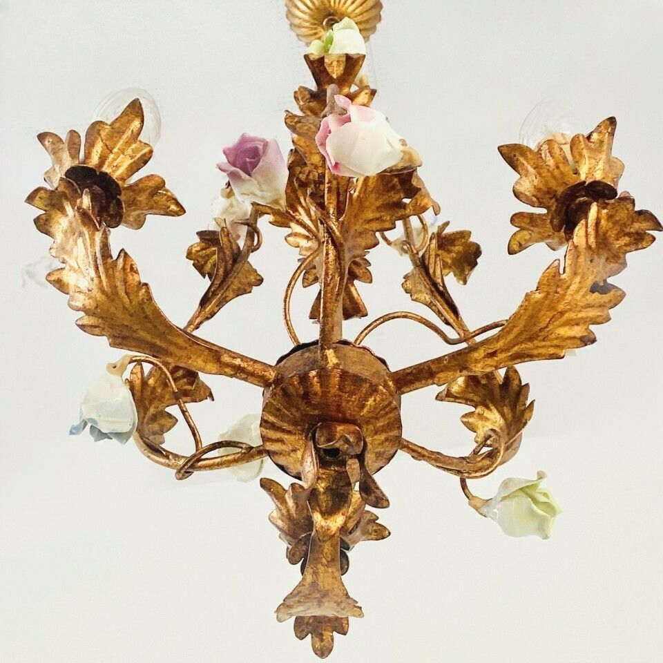 Vintage Italian Roses Porcelain Chandelier Gold Gilded Baroque Rococco 1950s photo vinterior