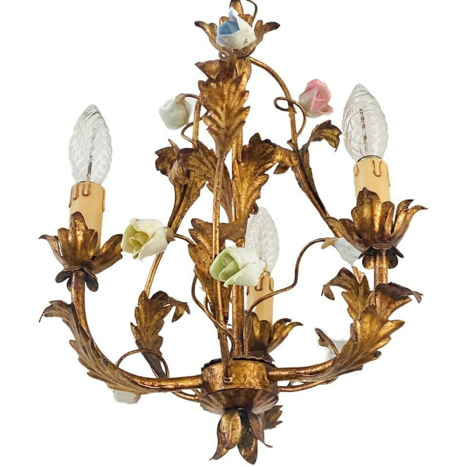 photo furniture Vintage Italian Roses Porcelain Chandelier Gold Gilded Baroque Rococco 1950s