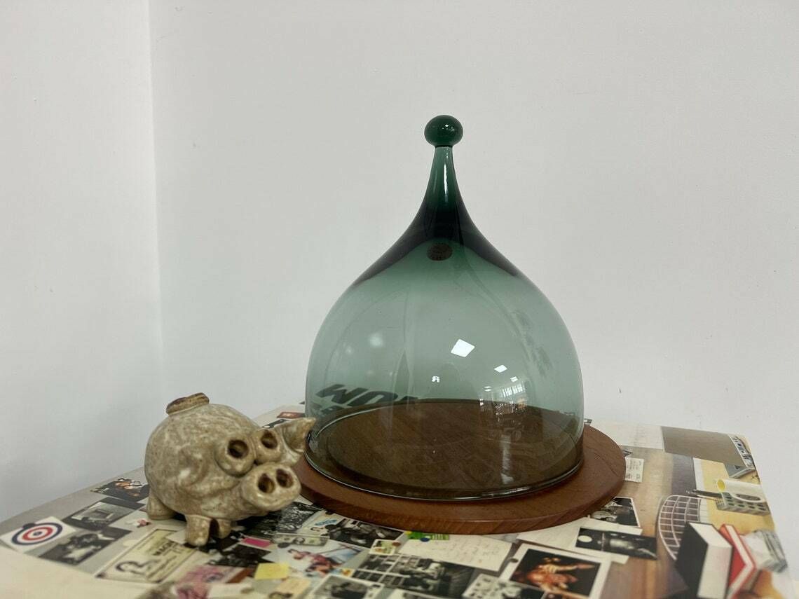 Glass Cheese Dome By Benny Motzfeldt For Hadeland Norway, Midcentury Modern, Scandi Modern Glass Tableware, Cheese Cover, Teak And Glass,