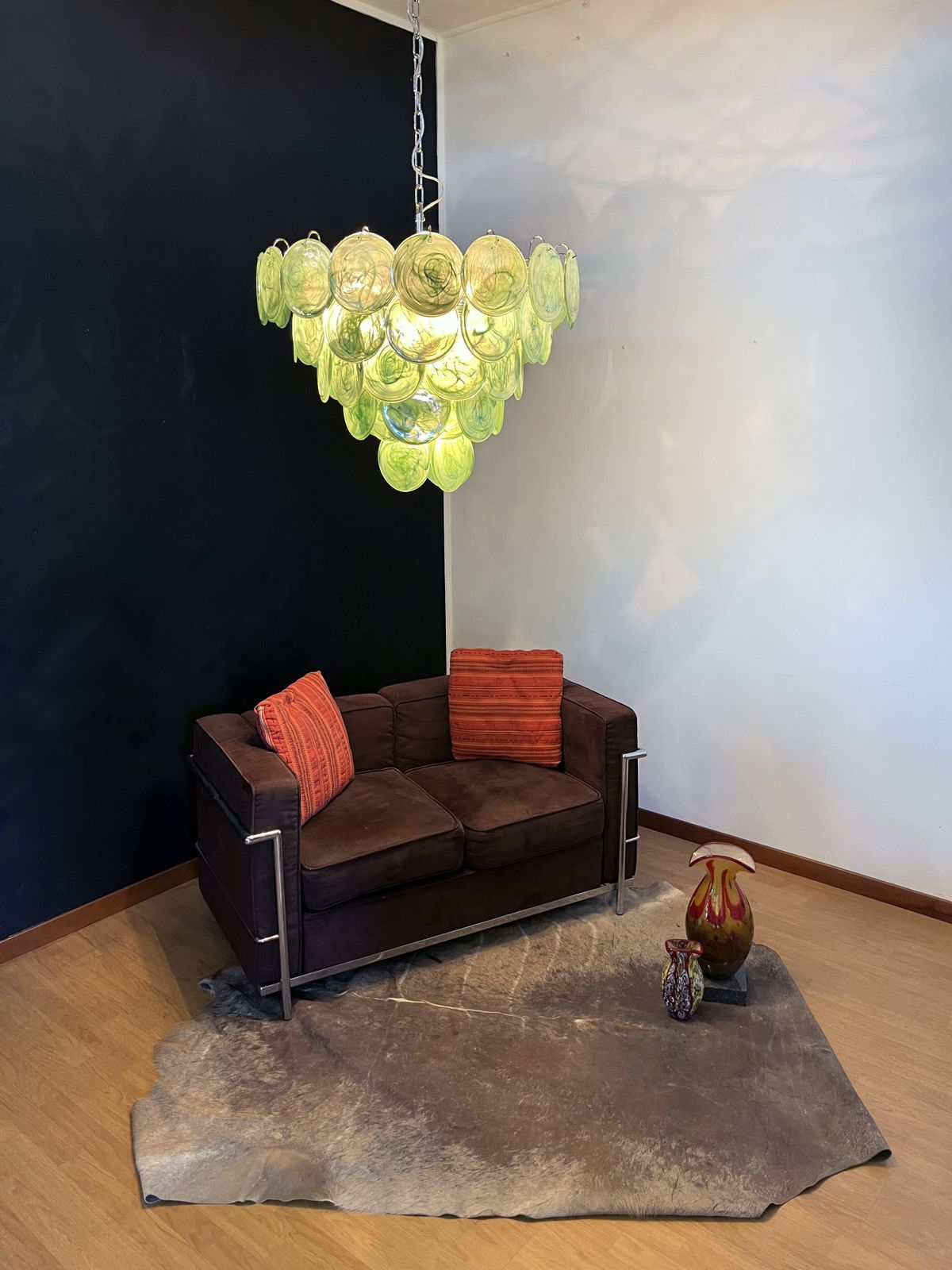 photo for sale High Quality Murano Chandelier Space Age   57 Green Albaster Iridescent Glasses