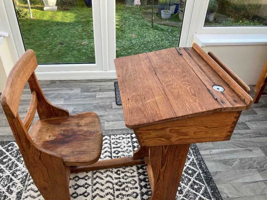Antique Elm School Slider Desk With Chair And Inkwell 1900s