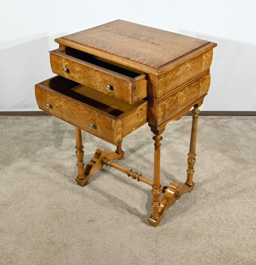 1603.1451613899999 Rare Small Chiffonnière Table In Speckled Amboyna And Cherry, Louis Philippe Period – 2nd Part 19th Century photo