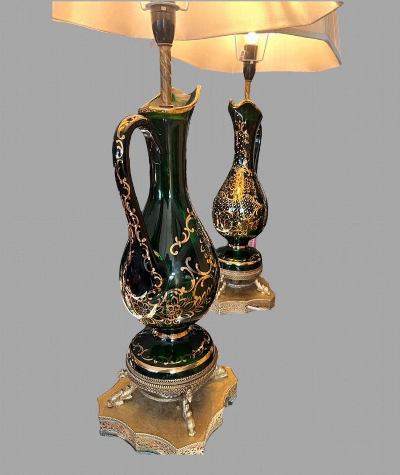 A Pair Of Bohemian Green Glass Claret Jug Lamps photo furniture