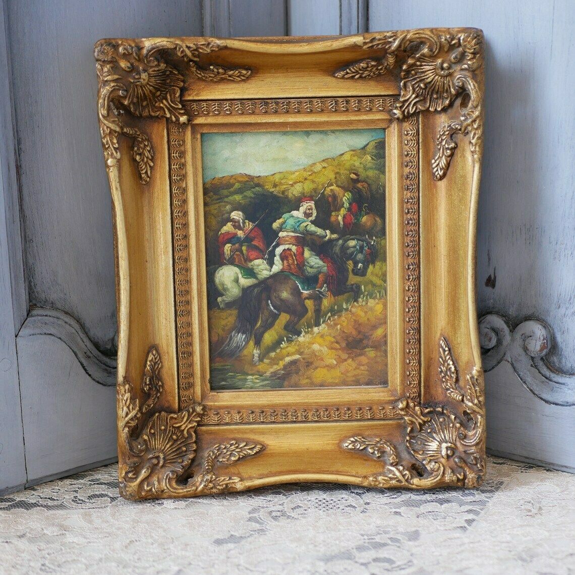 Oil On Wood Painting Middle Eastern Horsemen Antique Gold Gilt Frame Carvers & Gilders Picture Makers And Framers England Label