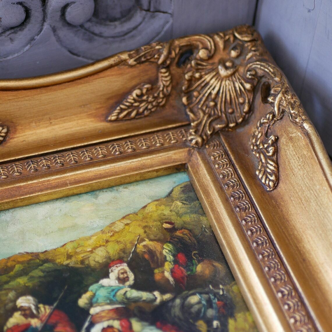 photo for sale Oil On Wood Painting Middle Eastern Horsemen Antique Gold Gilt Frame Carvers & Gilders Picture Makers And Framers England Label