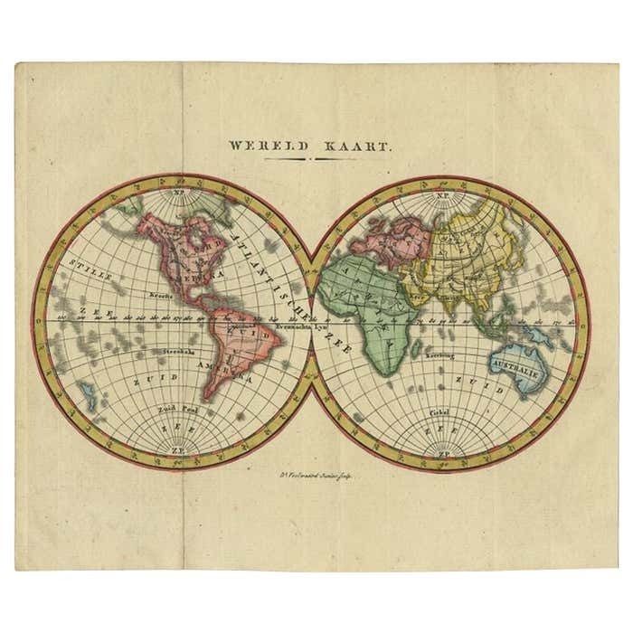 Small Antique World Map In Decorative Old Hand Colouring, Circa 1840
