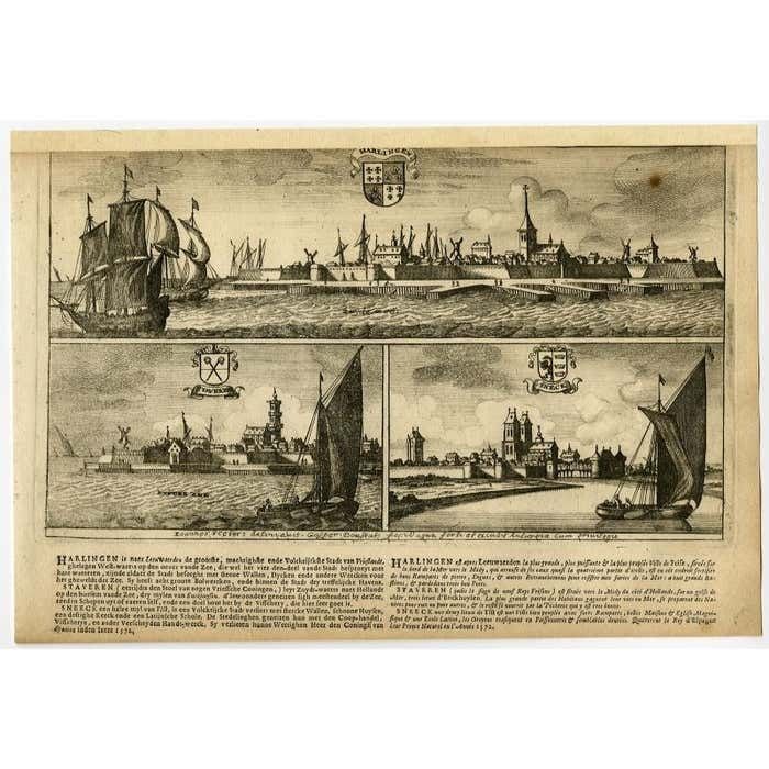 Antique Print Of Harlingen, Stavoren And Sneek In Friesland, 1680 photo furniture