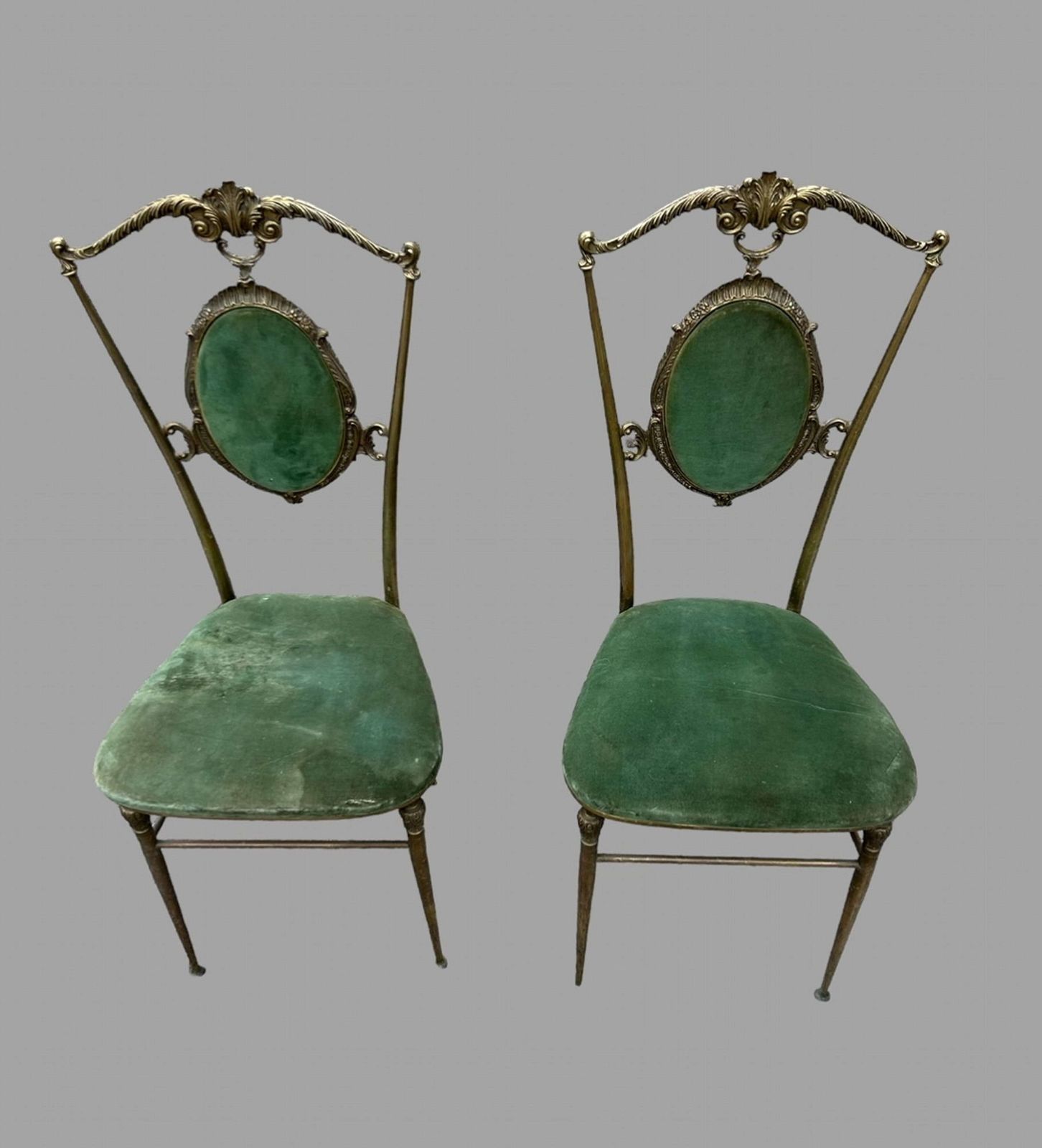 Pair 1950's Italian Chiavari Ornate Brass Hollywood Regency Chairs photo furniture