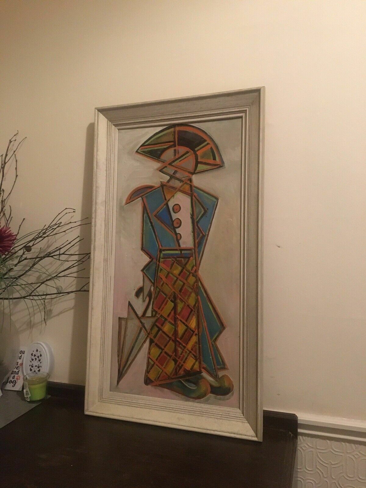 Mid Century Vintage Cubist Oil Painting Abstract Jester/Clown Framed Canvas photo furniture