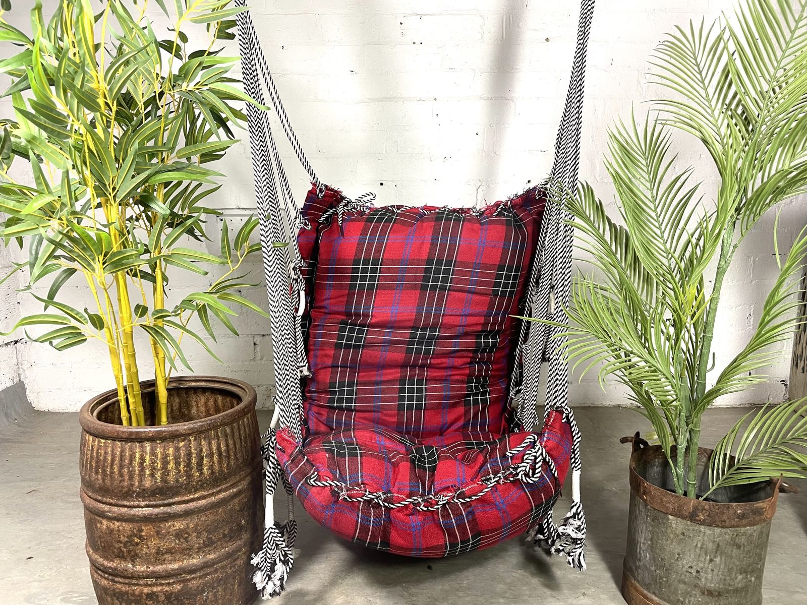 Reclaimed Hand Made Red Tartan Indian Padded Rope Swing Hammock Seat Chair