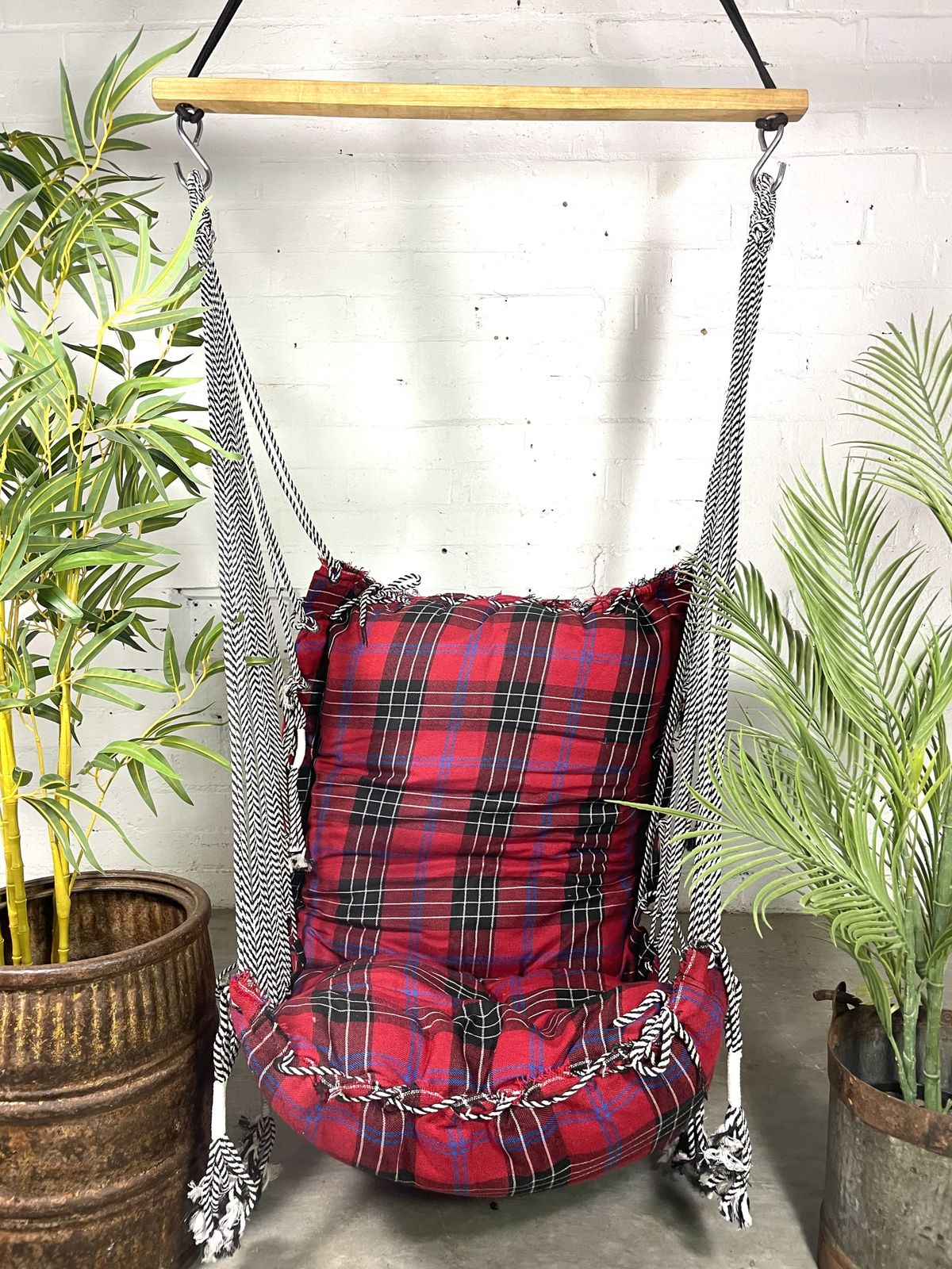 Reclaimed Hand Made Red Tartan Indian Padded Rope Swing Hammock Seat Chair photo furniture