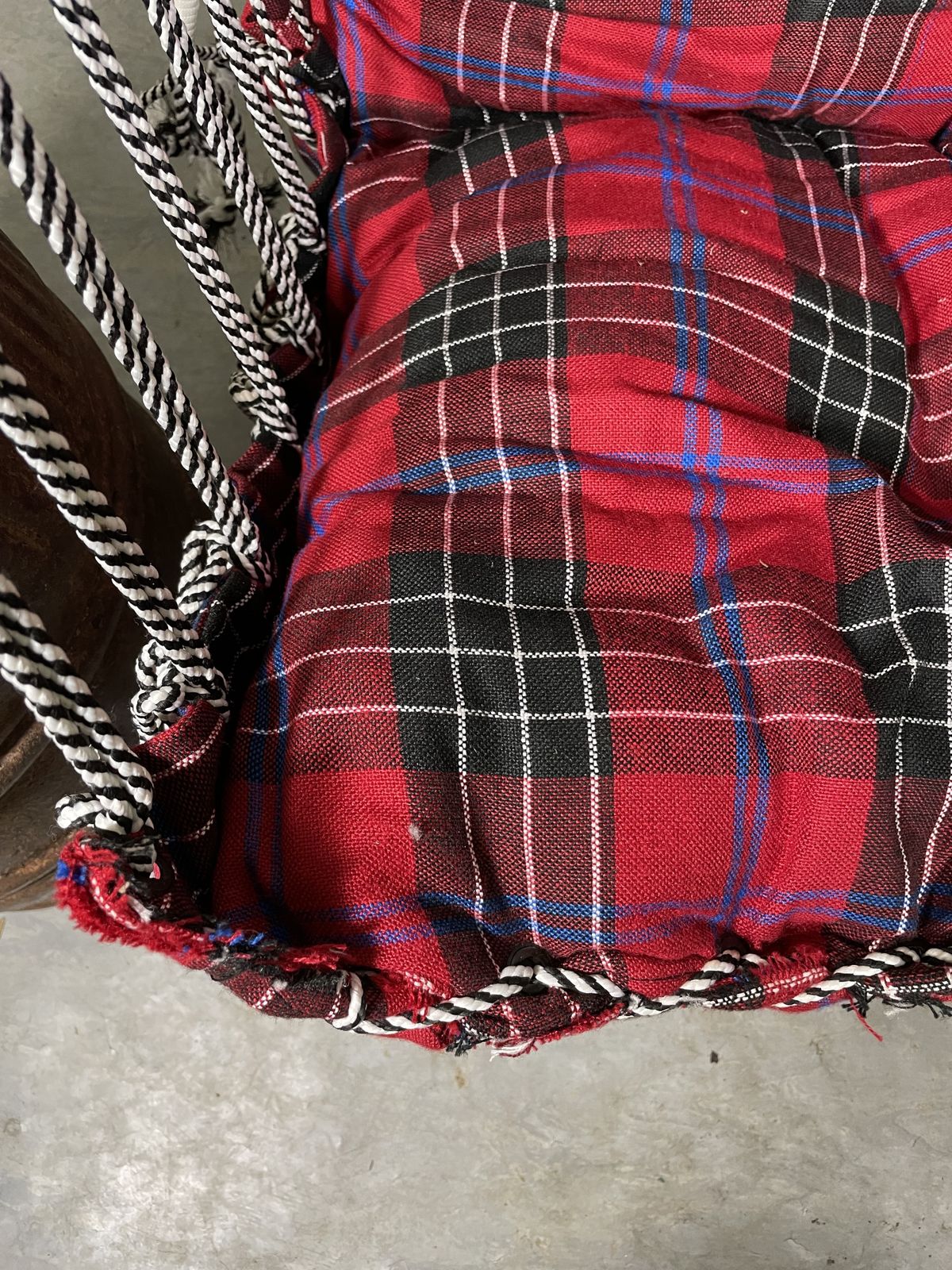 Reclaimed Hand Made Red Tartan Indian Padded Rope Swing Hammock Seat Chair photo for sale