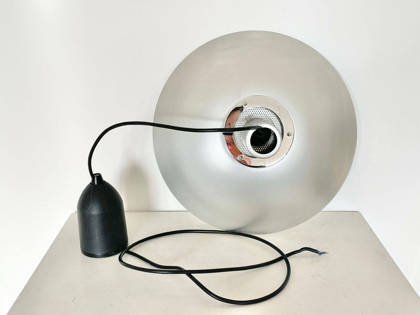 Modernist Swedish Vintage Ceiling Lamp With Multilayer Grey Silver Metal Shade And Marbled Glass Inner Shade   Design From Belid photo vintage