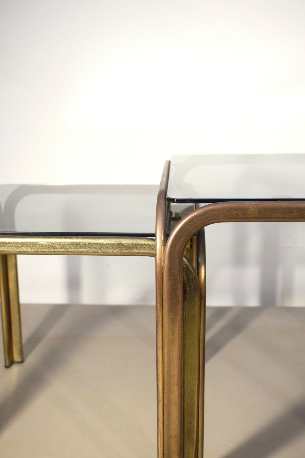 Set Of 3 Stackable Coffee Tables, Brass And Smoked Glass, 1970s. photo Furniture