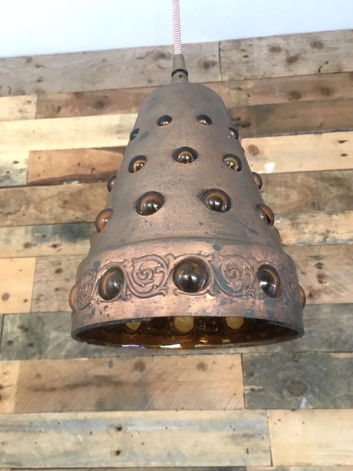 Brutalist Peill & Putzler Caged Copper Amber Glass Ufo Lampshade Ceiling Light photo vintage