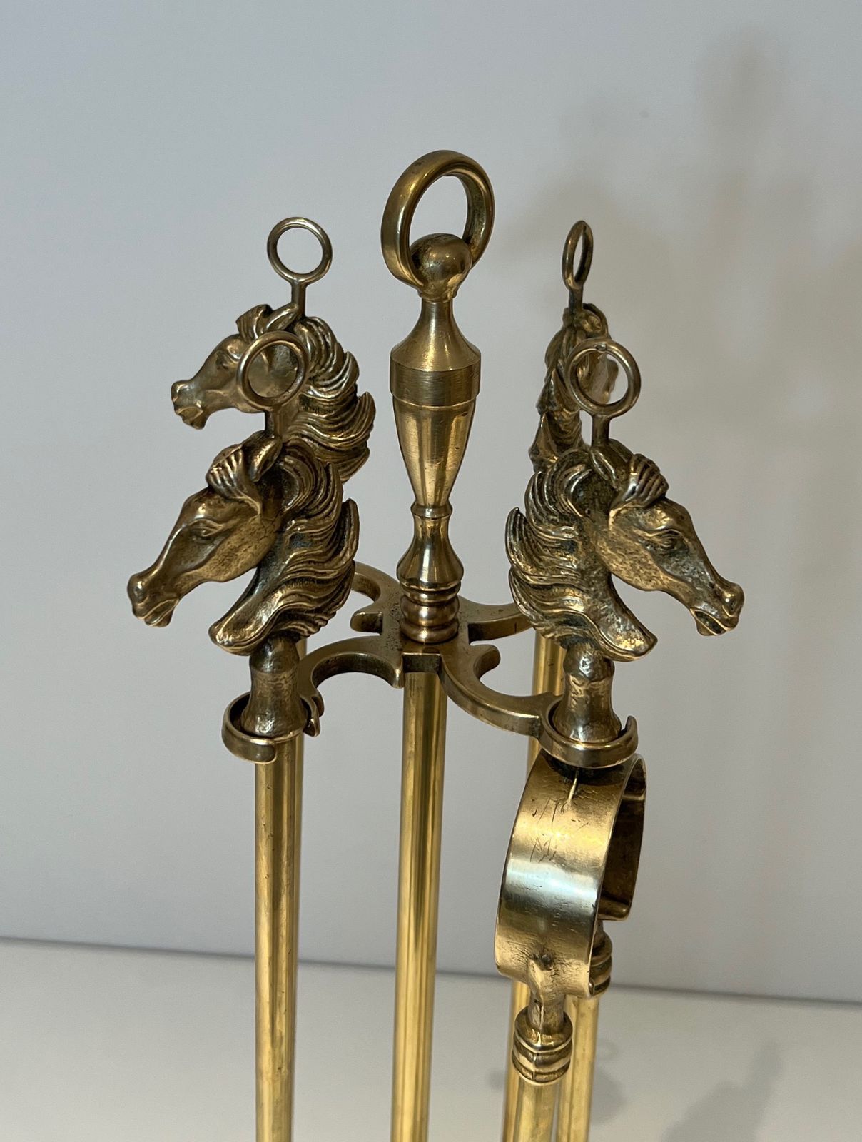 Brass Fire Kit Horse Head Model In The Taste Of Maison Jansen photo for sale