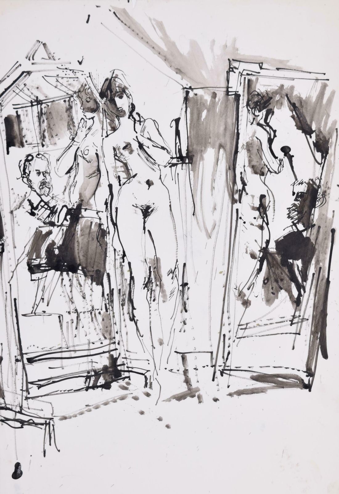 Peter Collins Arca Self Portrait In Two Mirrors With Nude Ink Drawing By Peter Collins Arca Circa 1995