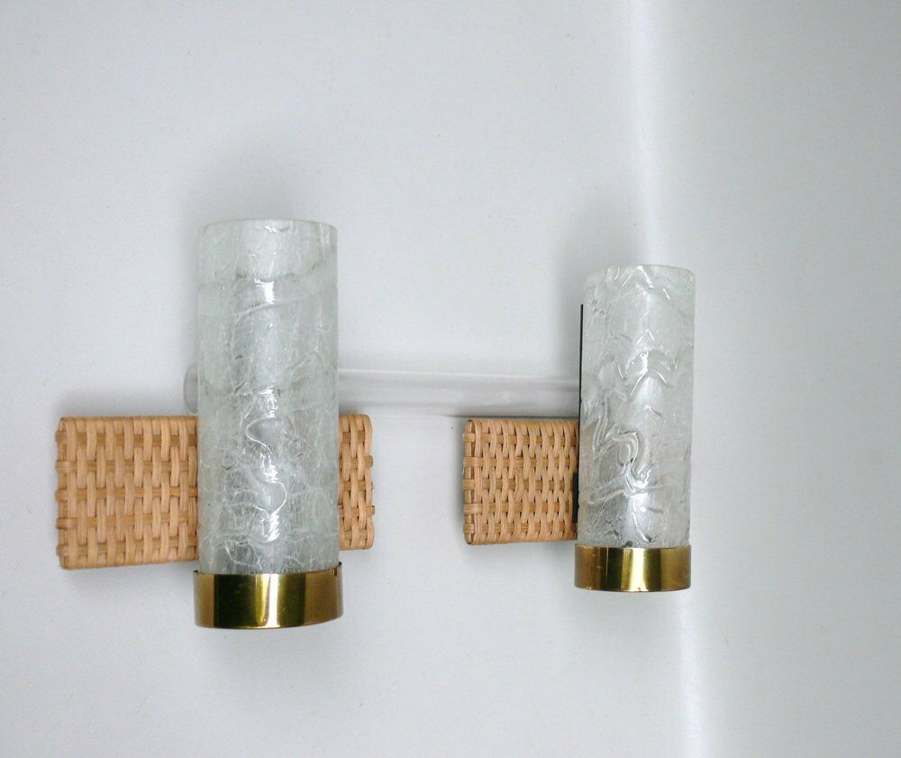 Elegant Wall Lights In Ice Glass, Rattan & Brass From Doria Leuchten, 1960s, Set Of 2 photo for sale