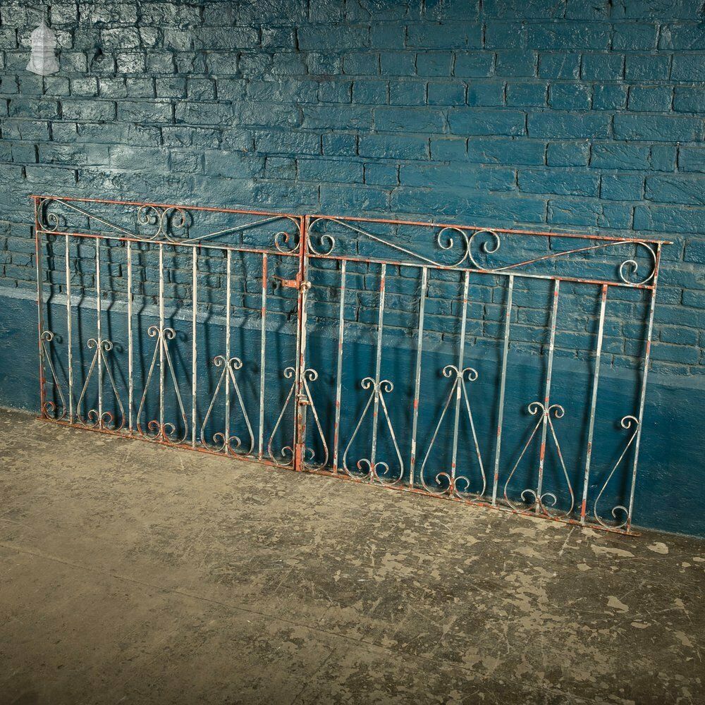 Wrought Iron Driveway Gates, Pair Of 20th C Gates With Distressed Paint Finish photo for sale