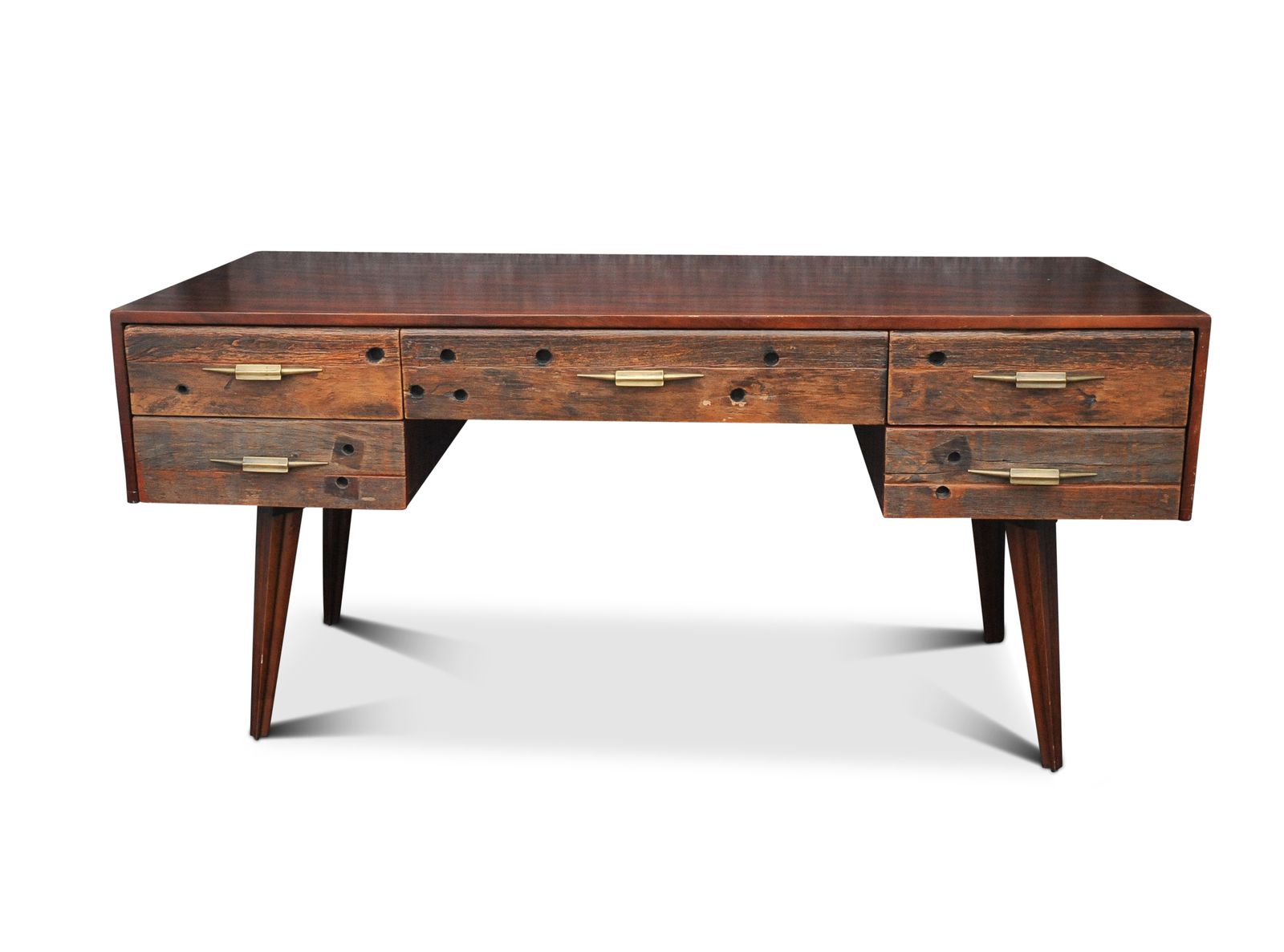 An Impressive Hardwood And Reclaimed Timber Desk Befit With Five Drawers & Gilded Handles Ol photo 3225.0