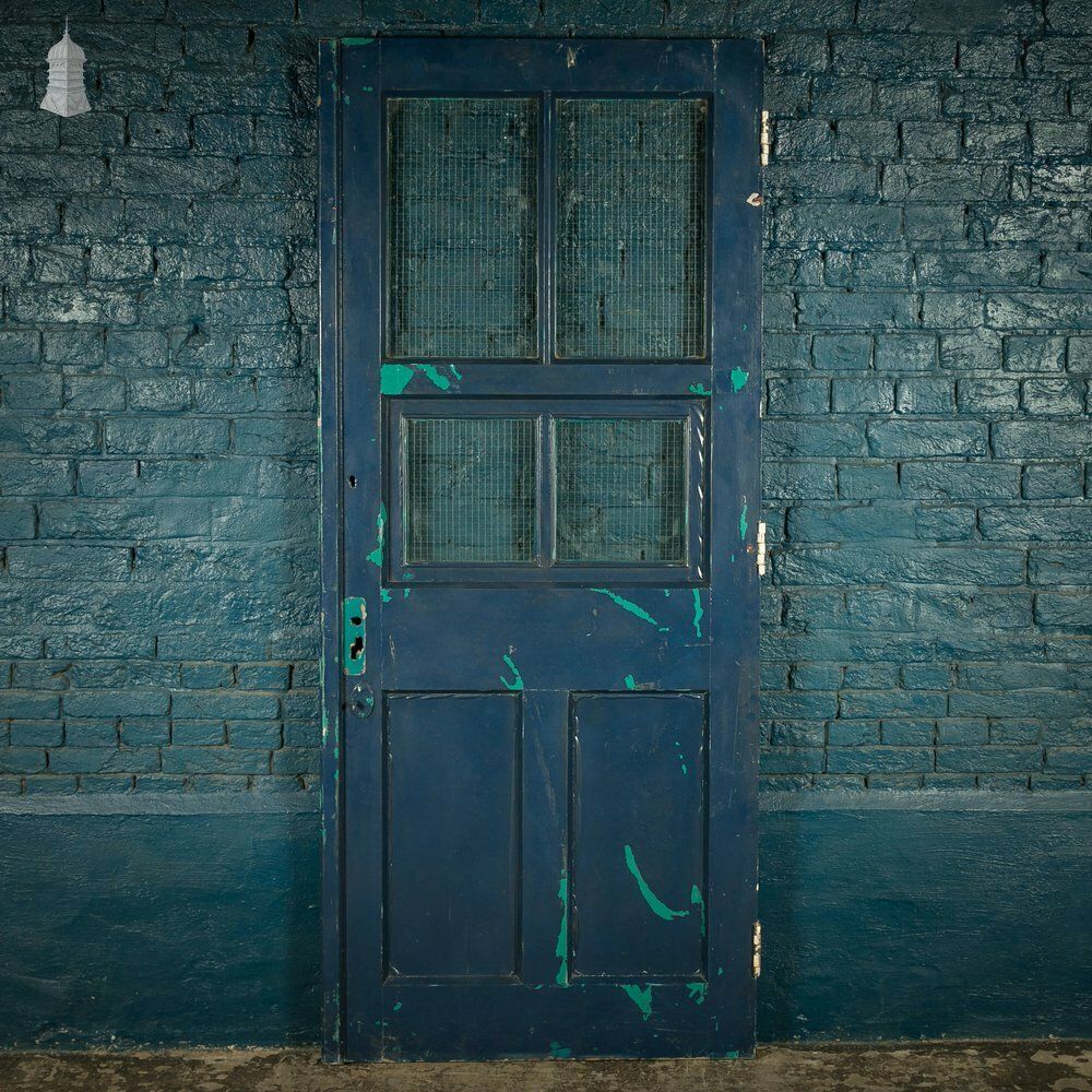 Half Glazed Door, Painted Pitch Pine Fitted With Wired Safety Glass