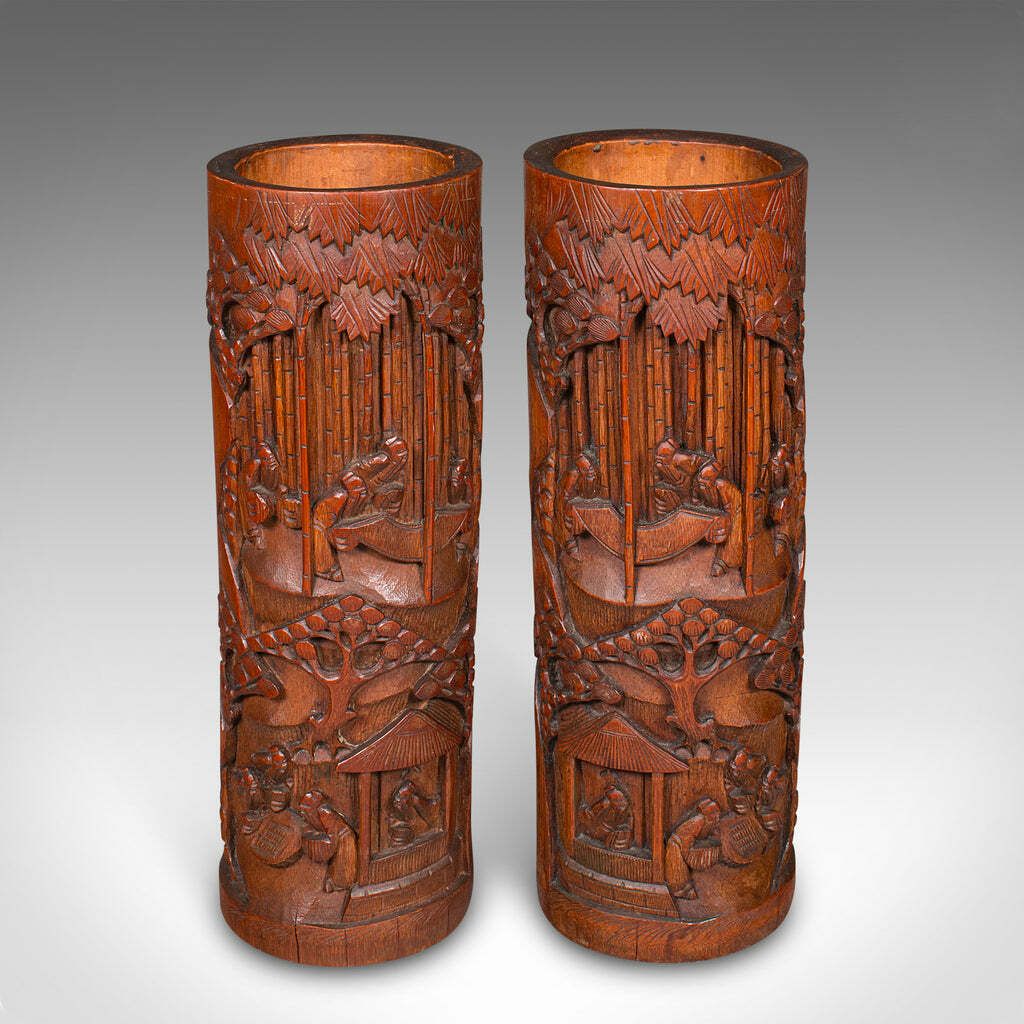 Tall Pair Of Antique Brush Pots, Chinese, Bamboo, Bitong, Flower Vase, Victorian photo furniture