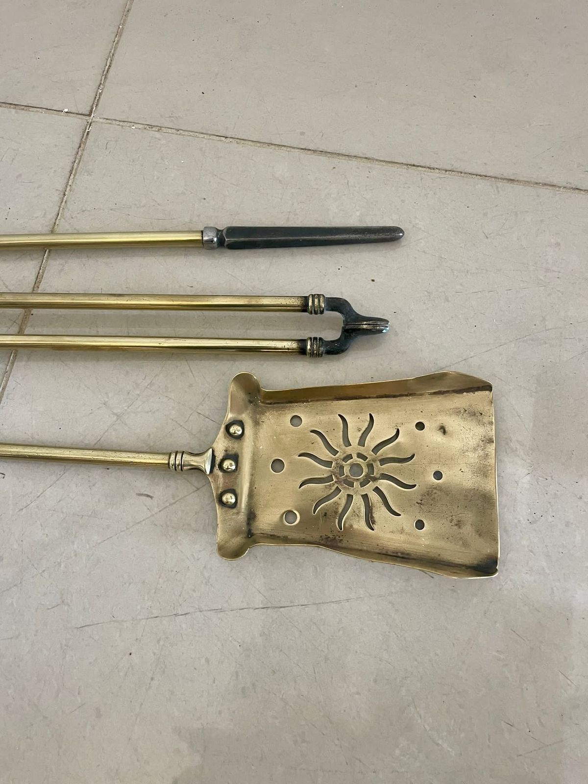 Three Antique 19th Century Quality Brass Starburst Fire Irons photo furniture