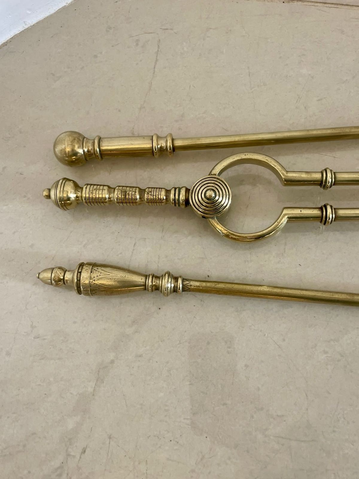 Three Antique 19th Century Quality Brass Starburst Fire Irons photo Home Fixtures