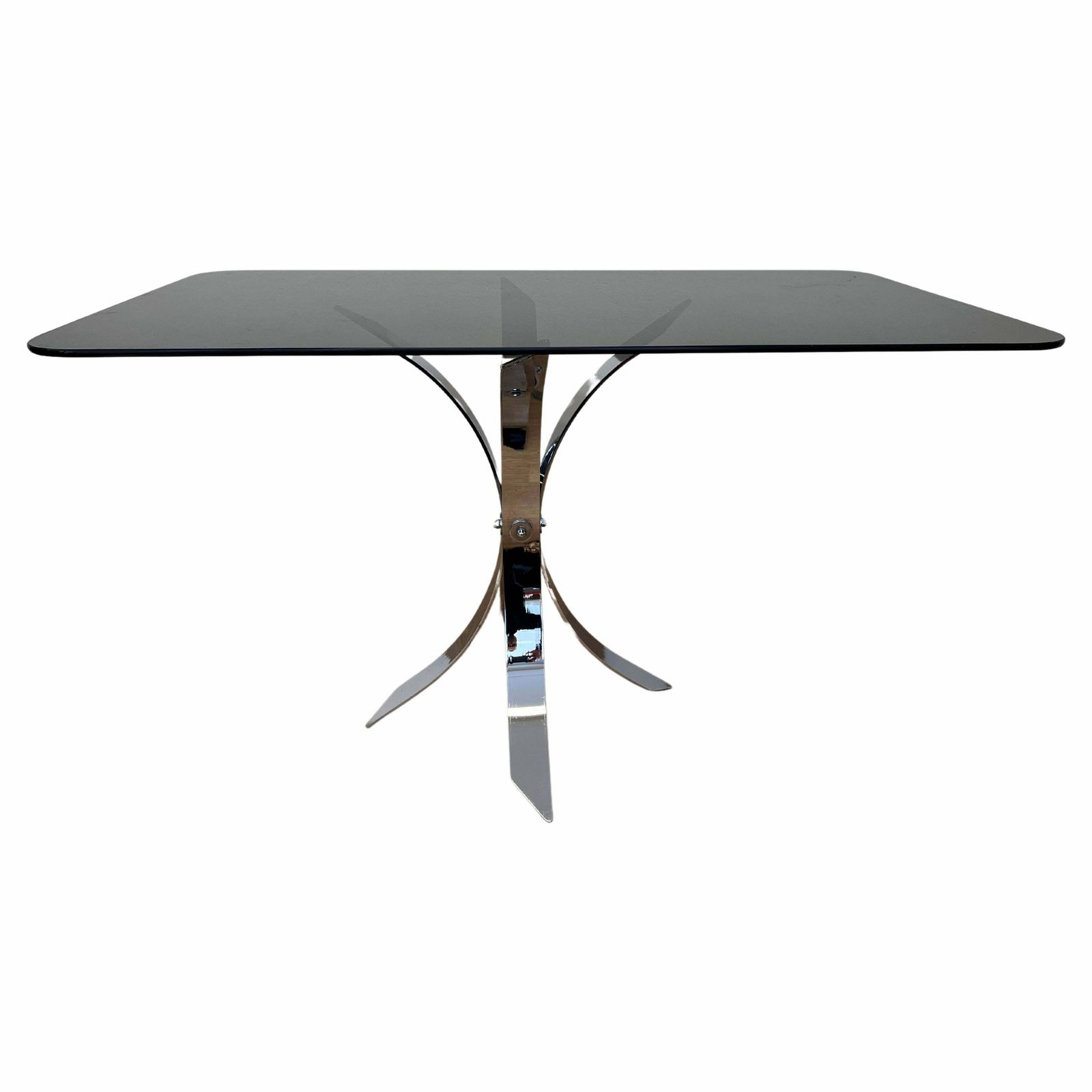 1970s Mid Century Steel Chrome And Smoked Glass Dining Table photo vinterior