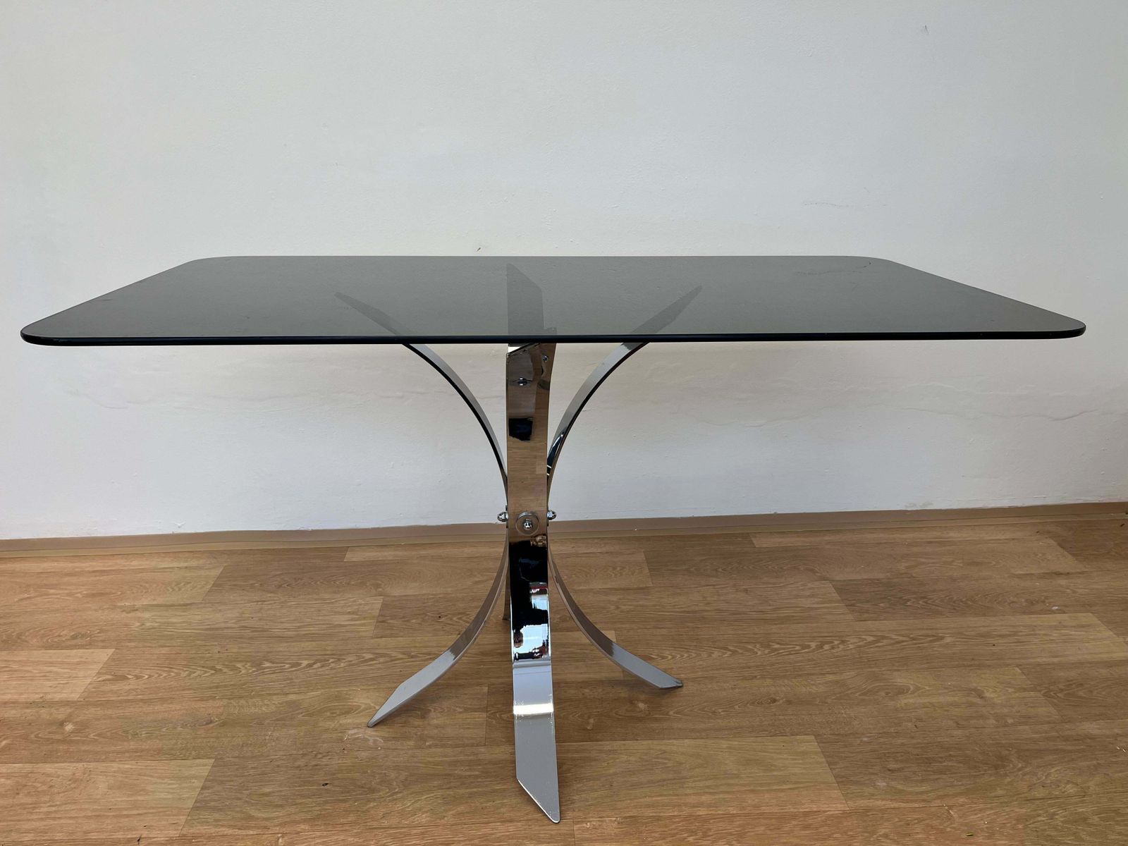 1970s Mid Century Steel Chrome And Smoked Glass Dining Table photo vintage
