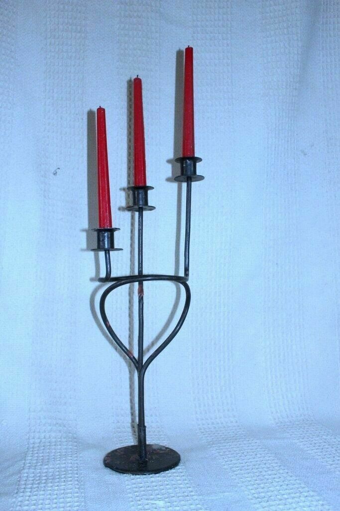 Antique Unique Wrought Iron Candle Holder Chateau Design Triple Candle Handmade photo for sale