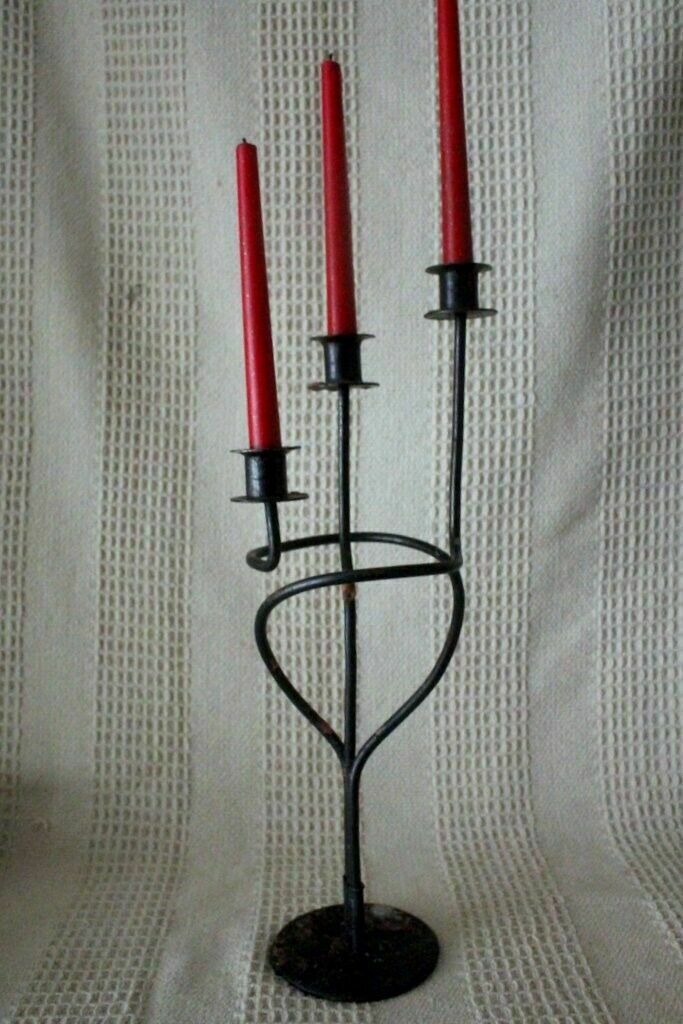 129.0 Antique Unique Wrought Iron Candle Holder Chateau Design Triple Candle Handmade photo