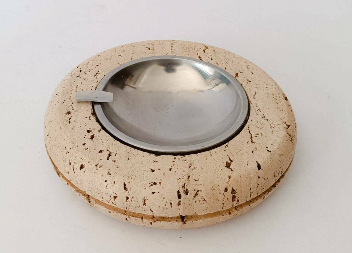 Marble Art Ashtray In Travertine And Round Steel Vintage Space Age Design 70s Ashtray