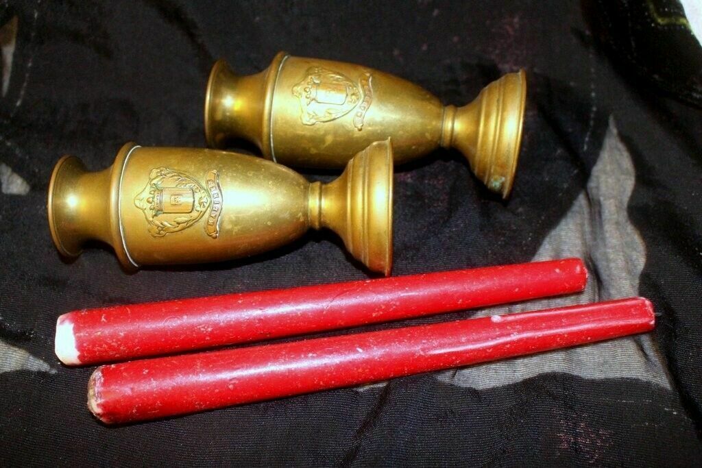 French Vtg Pair Of Brass Petite Vase Urn Royal Malines Candleholder + Candles photo furniture