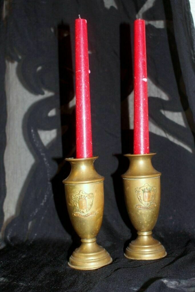 French Vtg Pair Of Brass Petite Vase Urn Royal Malines Candleholder + Candles photo buy