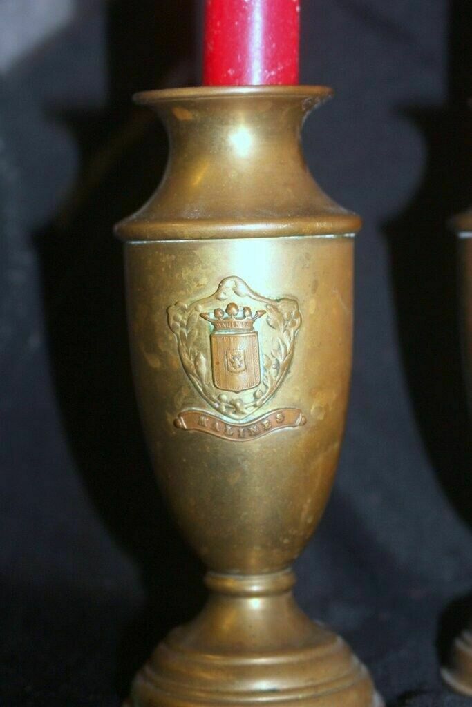 French Vtg Pair Of Brass Petite Vase Urn Royal Malines Candleholder + Candles photo vintage